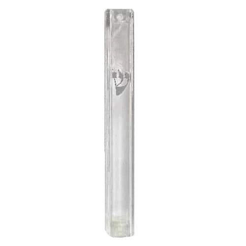 Mezuzah Case - Plastic Mezuzah with Rubber Cork 12cm- Clear with Silver Shin 1