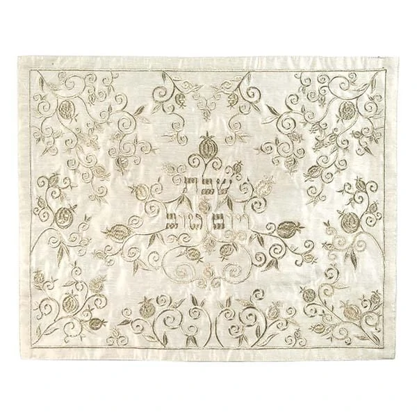 Challah Cover - Full of Pomegranates (Embroidery) - Silver on White 1