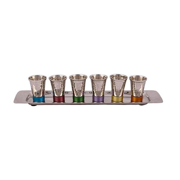 Set of small Kiddush Cups "six on a tray" - hammer designs - colorful 1