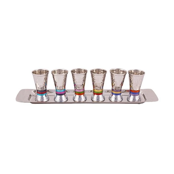 Set of small Kiddush Cups "six on a tray" - hammer designs - colored rings 1