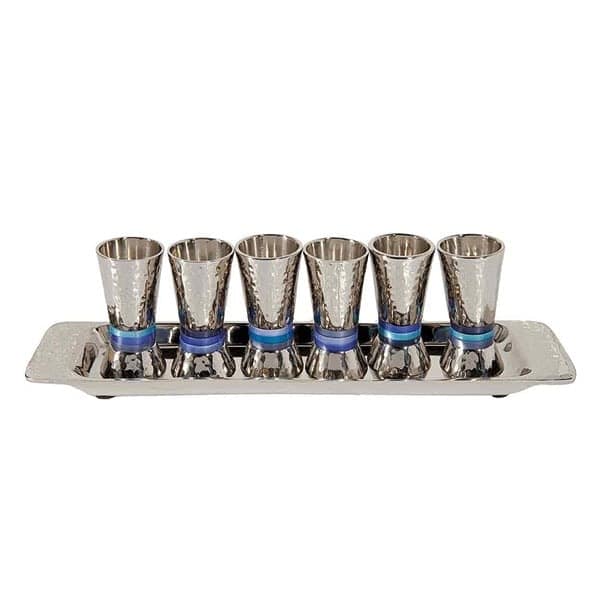 Set of small Kiddush Cups "six on a tray" - hammer designs - blue rings 1