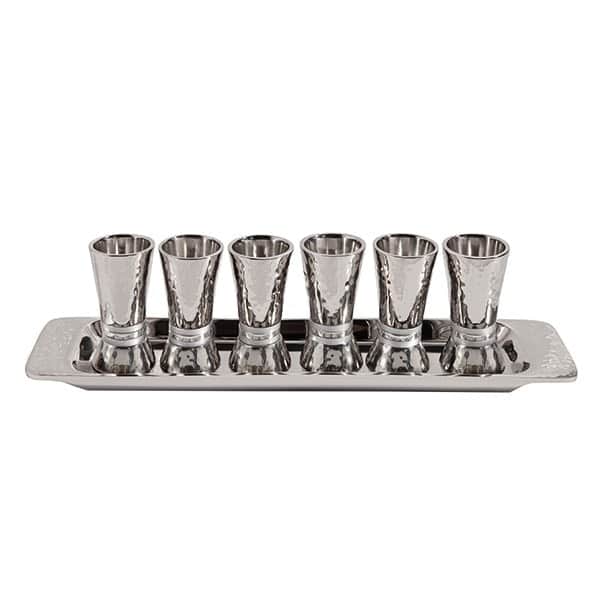 Set of small Kiddush Cups "six on a tray" - hammer designs - brilliant silver rings 1