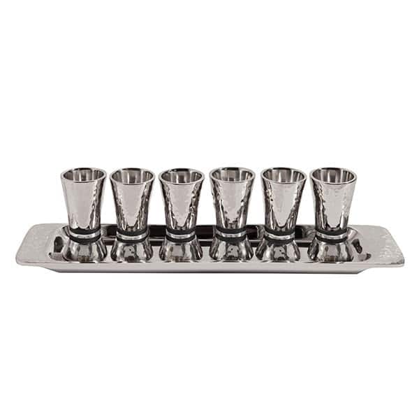 Set of small Kiddush Cups "six on tray" - hammer designs - black rings 1