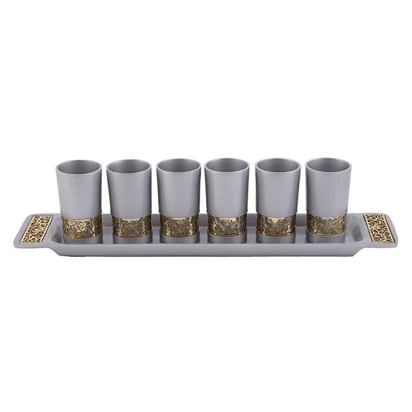 Set of small Kiddush Cups "six on a tray" - metal cut - silver 1