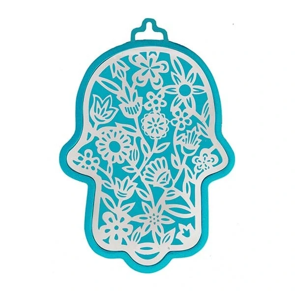 Large Hamsa wall decoration - flowers in turquoise background 1