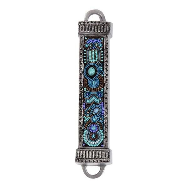 Mezuzah "metal and embroidery" - turquoise (12 cm) 1