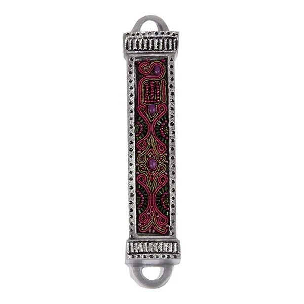 Mezuzah "metal and embroidery" - purple (12 cm) 1
