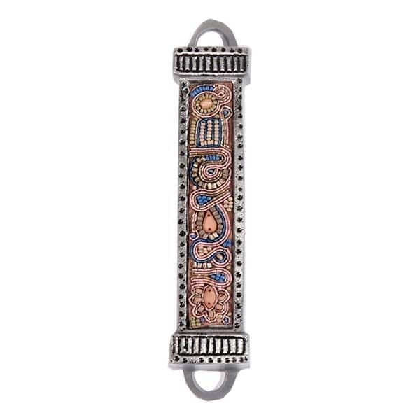 Mezuzah "metal and embroidery" - pink (12 cm) 1