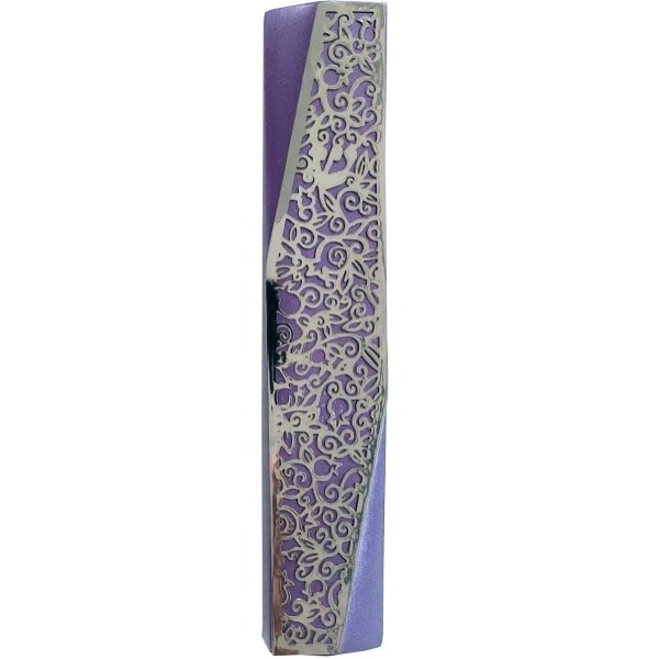 Wide Mezuzah Case "decorated angle" - purple 1
