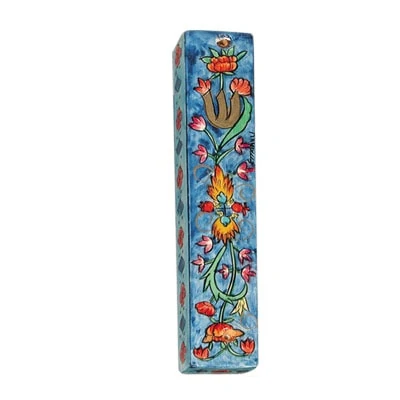 Small Wooden Mezuzah Case - Flowers in blue (10 cm) 1