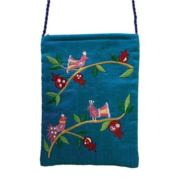 Embroidered side bag - Pomegranates and birds - turquoise 1