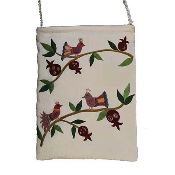 Embroidered side bag - Pomegranates and birds - white 1