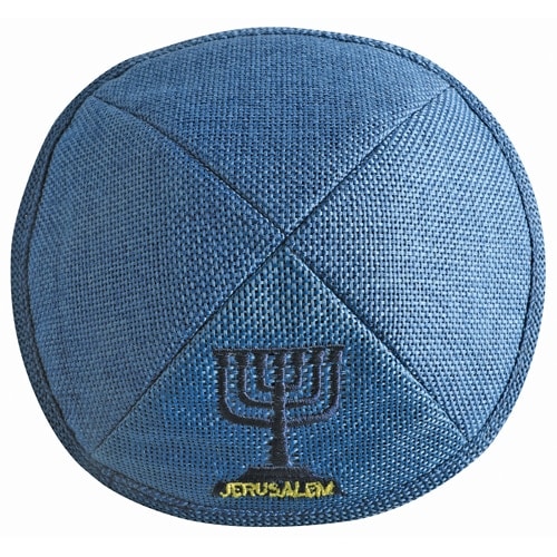 Blue linen Kippa - - Jerusalem menorah 1