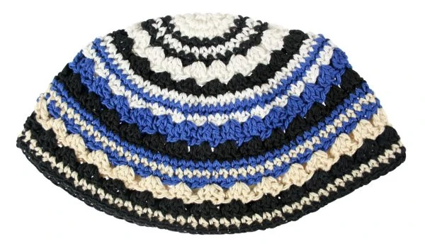 Large Kippa - thick knitting - blue white and black (21 cm) 1